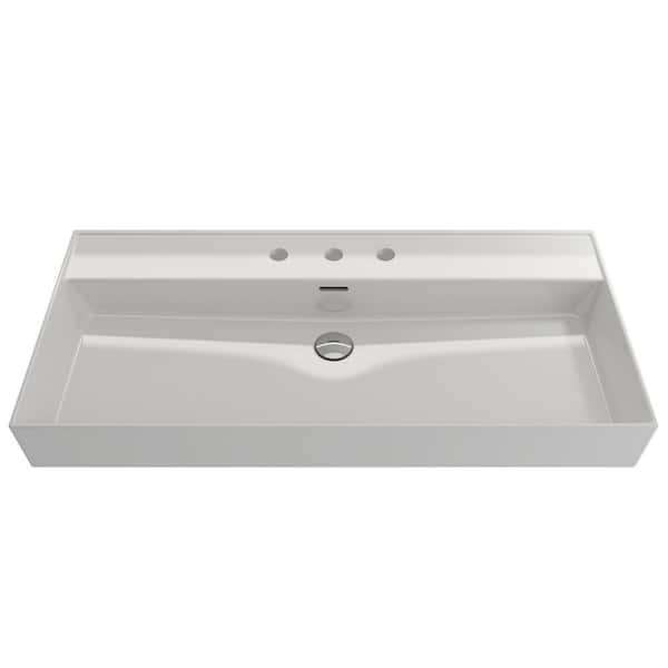 BOCCHI Milano 39.75 in. 3-Hole White Fireclay Rectangular Wall-Mounted Bathroom Sink with Overflow