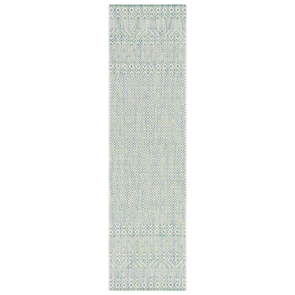 SAFAVIEH Courtyard Ivory/Green 2 ft. x 14 ft. Geometric Diamond Indoor ...