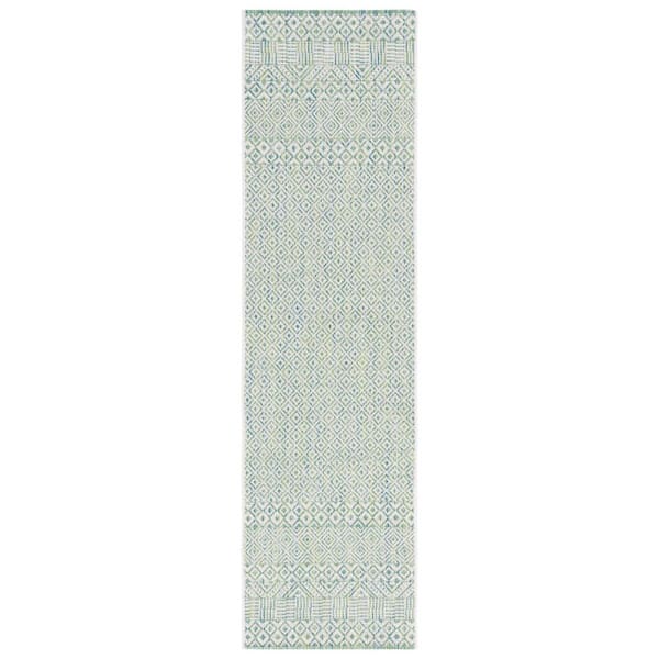 Courtyard Ivory/Green 2 ft. x 7 ft. Geometric Diamond Indoor/Outdoor Runner Rug