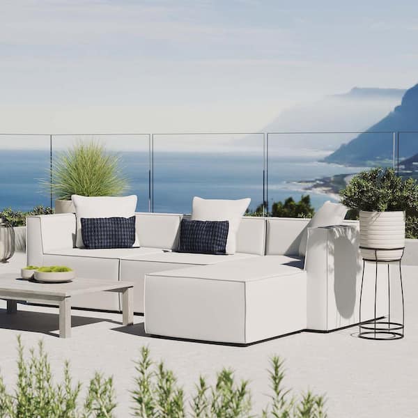 MODWAY Saybrook Outdoor Patio Polyester Upholstered 4-Piece Sectional Sofa in White