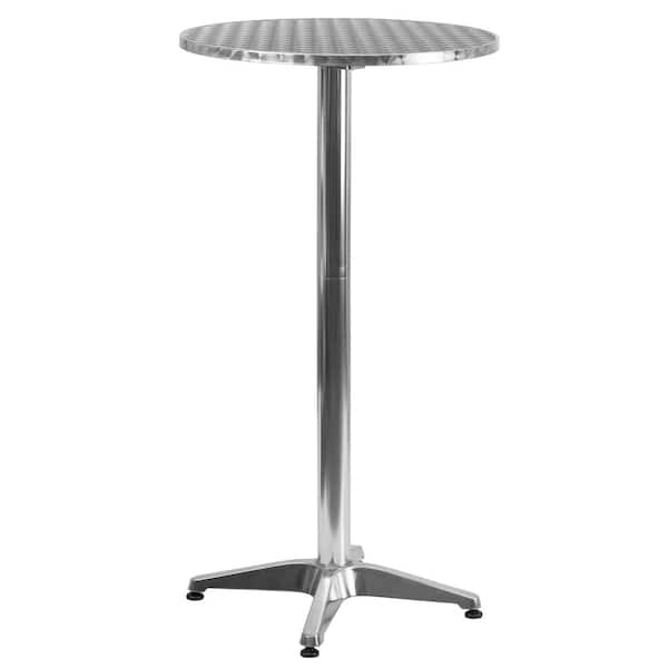 Silver 23.25 in. Round Aluminum Indoor/Outdoor Bar Height Table with Flip-Up Top, Round Flip-Up Cocktail Table