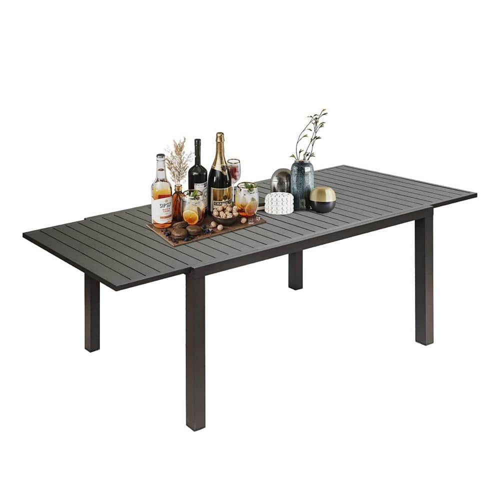 Dark-Brown Large Rectangular Aluminium Extendable Outdoor Dining Table, 59 in. - 89 in. Adjustable for 6-8 Person Table -  Zeus & Ruta, HSC-255