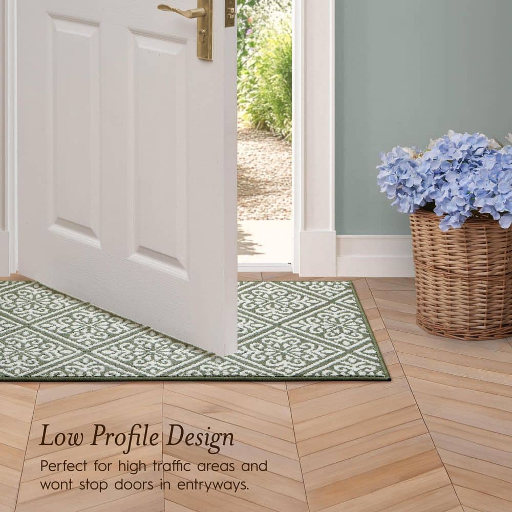 Ivory and Sage Geometric Tufted Runner Rug, 60" x 25"