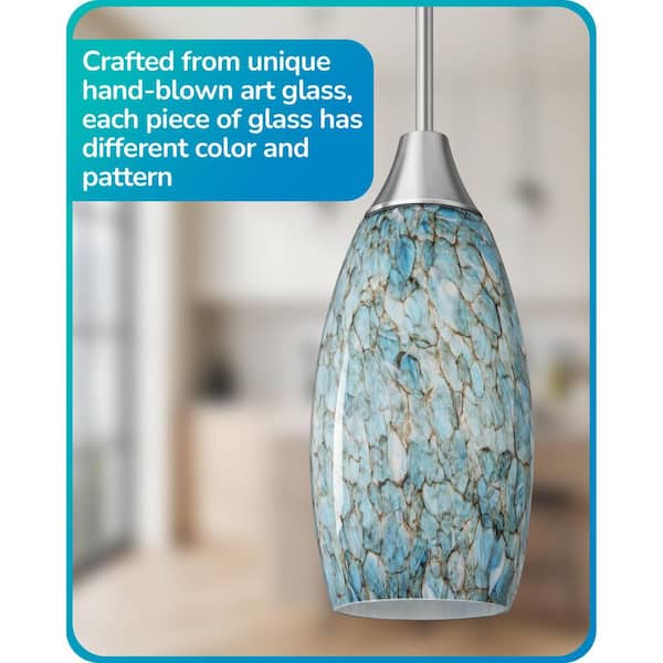 60 -Watt 1 Light Blue Adjustable Rods Medium Pendant Light with Hand Blown Glass Shade, No Bulbs Included