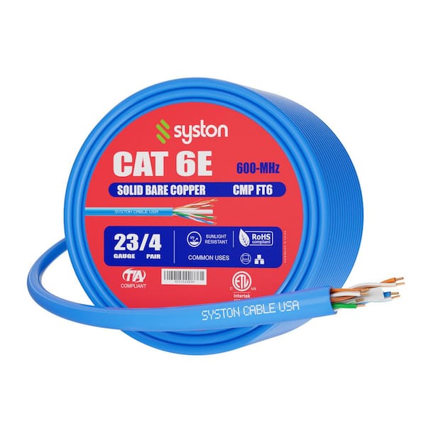 Syston Cable Technology 100 ft. Blue CMP (Plenum Rated) Cat 6e 600 MHz 23 AWG Solid Bare Copper Ethernet Network Data Cable - Bulk No Ends
