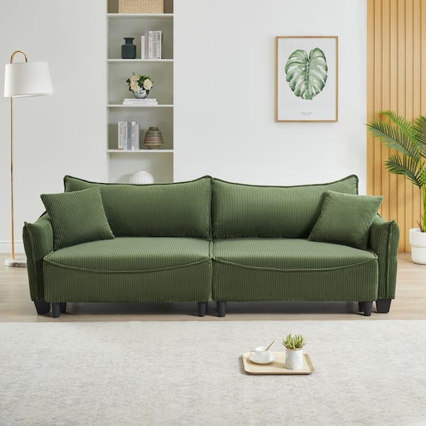 87.79 in. Green Corduroy Fabric Twin Size Pull-out Sofa Bed with 2-Pillows