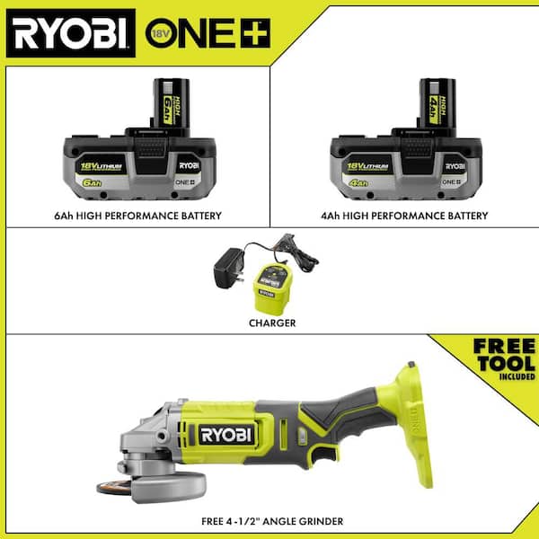 ONE+ 18V Lithium-Ion HIGH PERFORMANCE Kit w/ 4 Ah Battery, 6 Ah Battery, Charger, & FREE ONE+ Cordless Angle Grinder