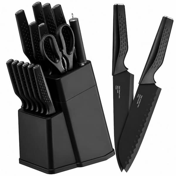 15-Piece High Carbon Stainless Steel Kitchen Knife Block Set with Sharpener, Black Ergonomic Handles