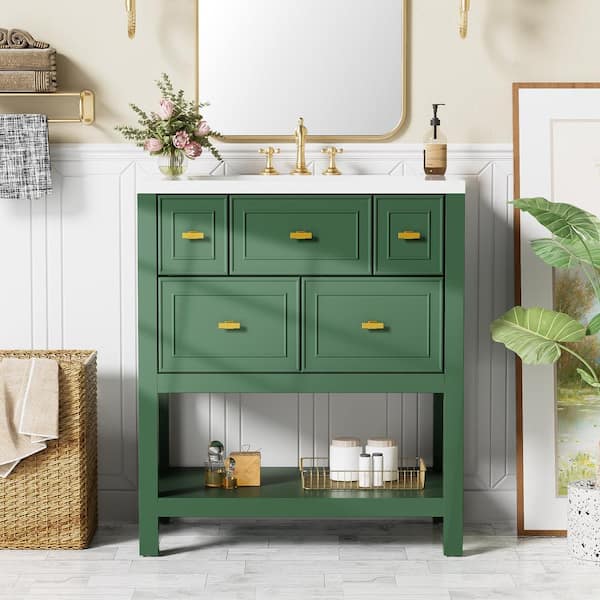 Staykiwi 30 in. W x 18 in. D x 34 in. H Single Sink Freestanding Bath Vanity in Green with White Resin Top