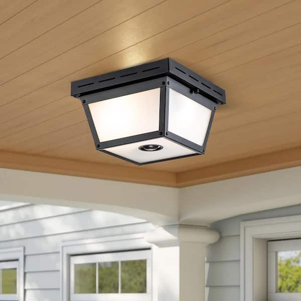 2-Light Matte Black Motion Sensing Outdoor Flush Mount Light with White Textured Glass