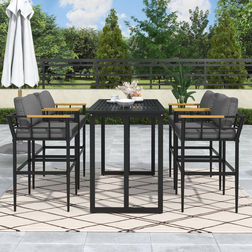 5-Piece Metal Rectangular Outdoor Dining Set with Table, Four Chairs and Gray Cushions for Garden, Balcony, Poolside price history on PriceWatchPro