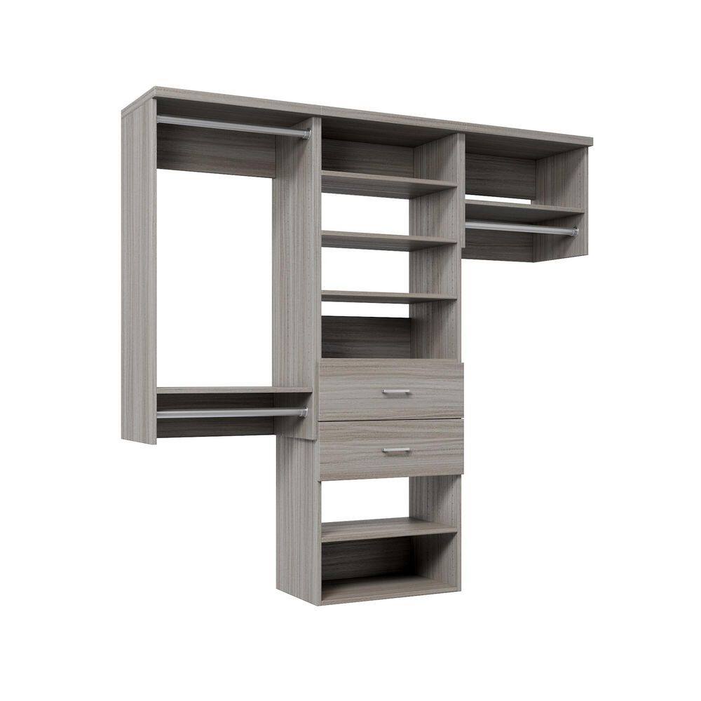 76.5 in. W Grey Oak Reach-in Wall-Mount 3-Rod 2-Slab-Drawers 7-Shelf Wood Closet System