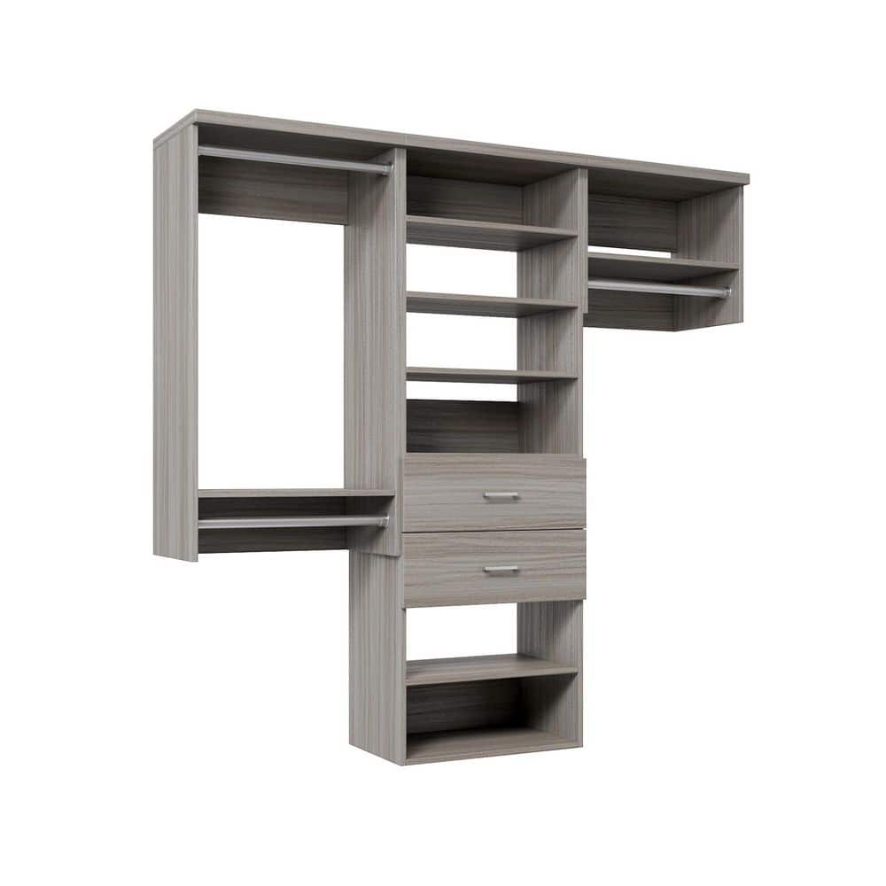 82.5 in. W Grey Oak Reach-in Wall-Mount 3-Rod 2-Slab-Drawers 7-Shelf Wood Closet System