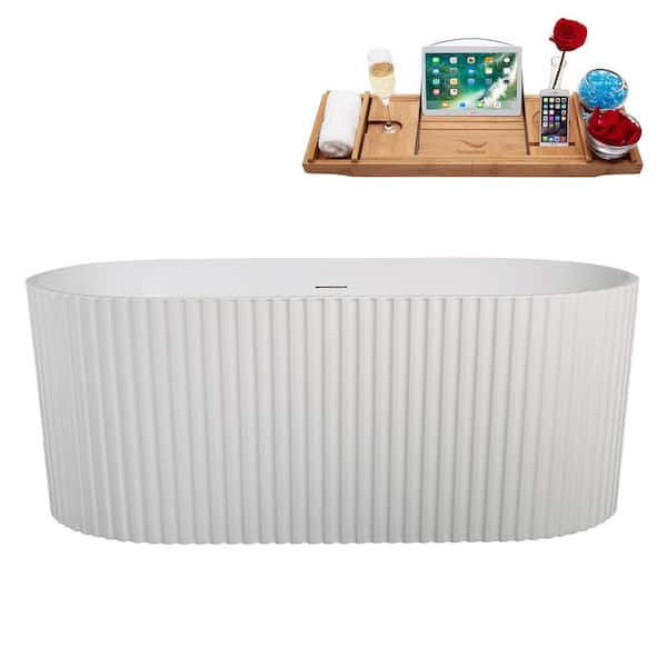 59 in. x 30 in. Acrylic Freestanding Soaking Bathtub in Glossy White with Glossy White Drain, Bamboo Tray