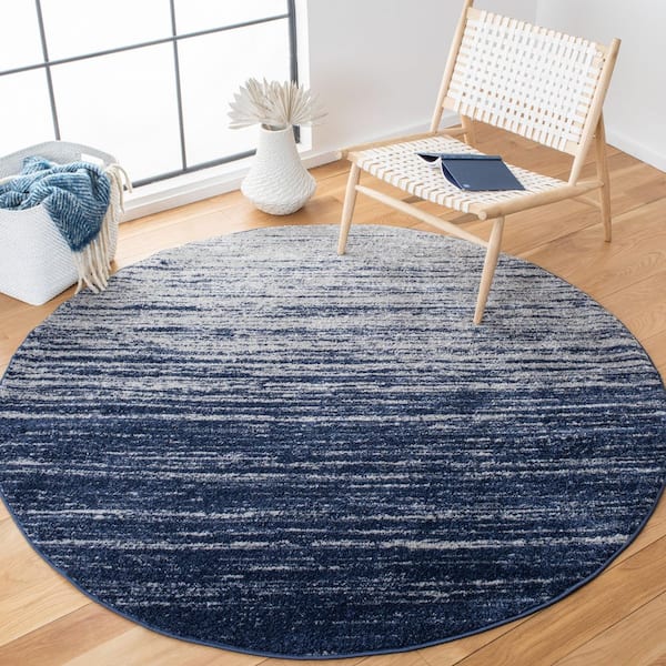 Adirondack Navy/Ivory Solid Color 10 ft. x 10 ft. Striped Round Area Rug