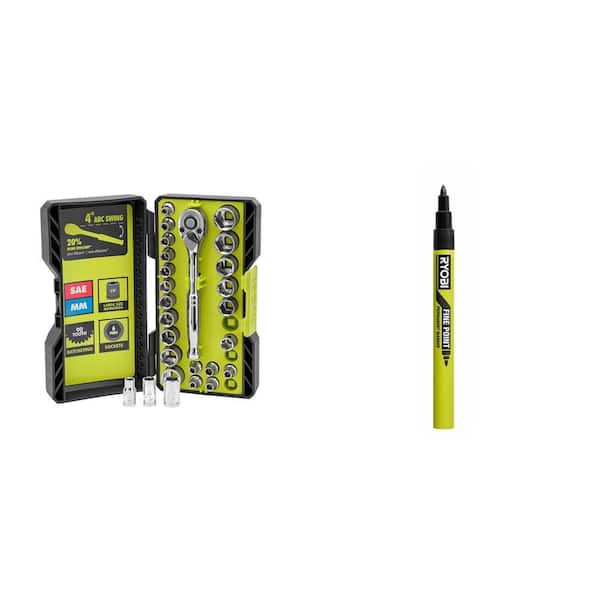 26-Piece 1/4 in. Drive Ratchet and Socket Set with Black Fine Point Permanent Workshop Marker