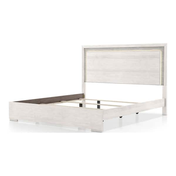 Bulevard White Engineered Wood Frame King Panel Bed with LED on Headboard