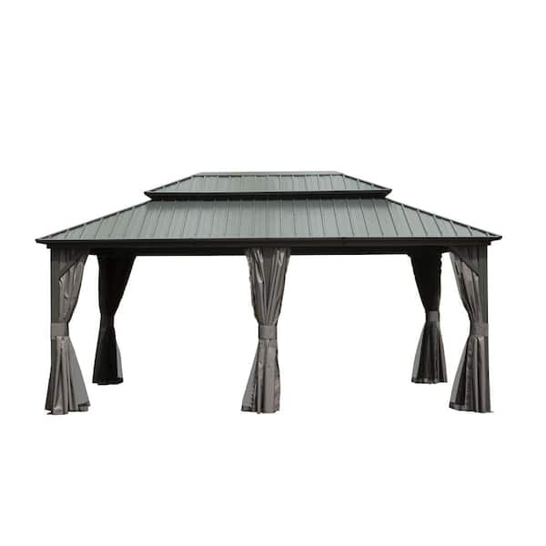 Daheat Benja 18 ft. x 12 ft. Aluminum Hardtop Gazebo in Gray with Double Galvanized Steel Roofs and Mosquito Net