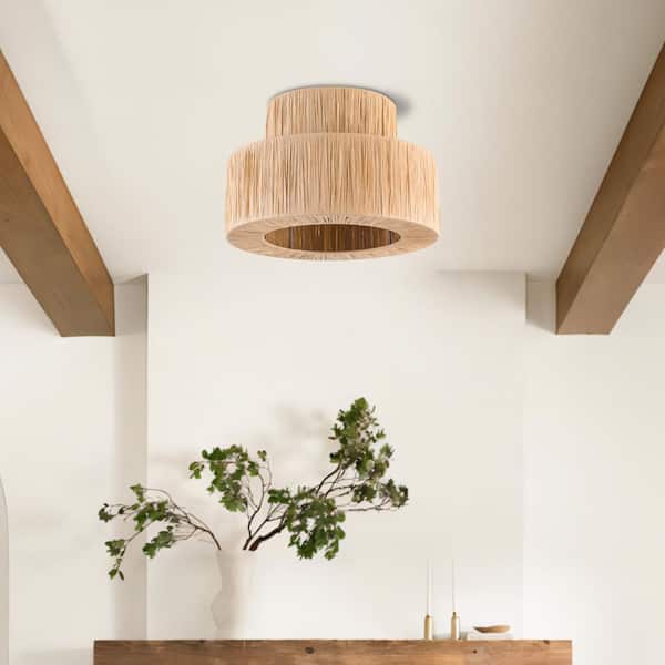 Maxax Collision 12.6 in. 1-Light Wood Color Paper Farmhouse Flush Mount Lighting Hallway Bedroom Ceiling Lights Fixtures