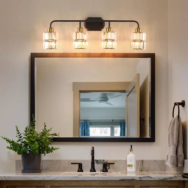 29.92 in. 4-Light Black and Brass Crystal Bathroom Vanity Light with Clear Crystal Shades for Bathroom