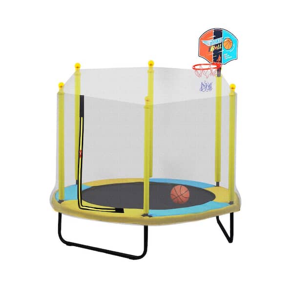 maocao hoom 60 in. Yellow Backyard Trampoline with Safety Enclosure and Basketball Hoop