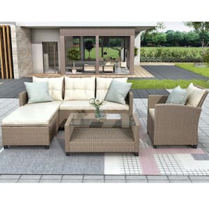 4-Piece Wicker Patio Conversation Set with Beige Cushions and Coffee Table