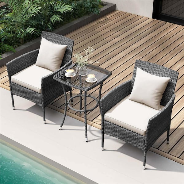 Grey 3-Piece Metal Rectangle 28 in. Outdoor Dining Set with Cushioned Patio Chairs and Tempered Glass