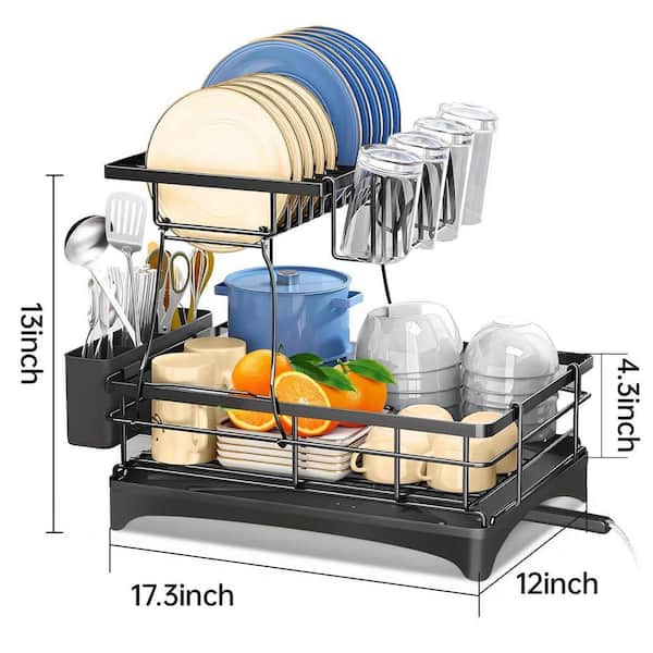 Lynzavix Stainless Steel 2-Tier Dish Rack w/ Cutlery andCup Holder
