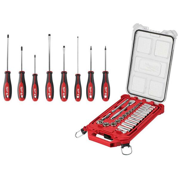 Milwaukee 3/8 in. Drive SAE Ratchet and Socket Mechanics Tool Set with  Packout Case (28-Piece) and Screwdriver Set (8-Piece) 48-22-9481-48-22-2718  - The Home Depot