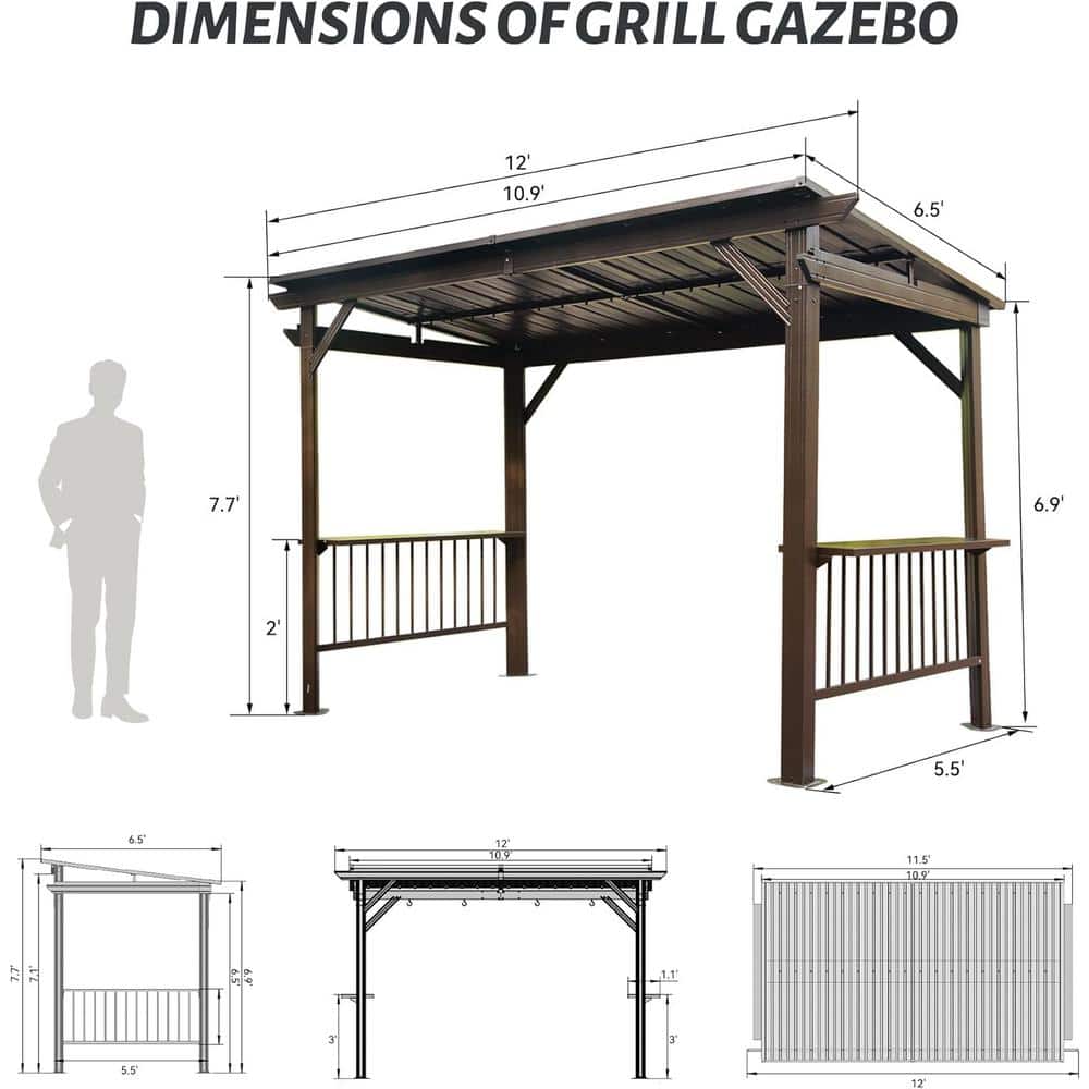 Brown Steel Hardtop Grill Gazebo with Side Shelves