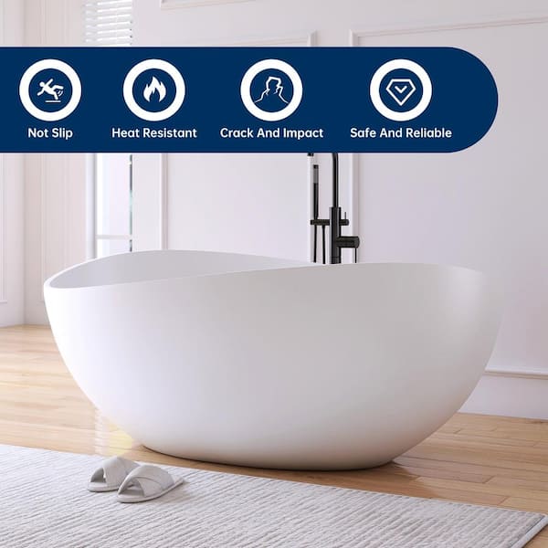63 in. x 38.5 in. Wave Stone Resin Solid Surface Flatbottom Freestanding Soaking Bathtub in Matte White