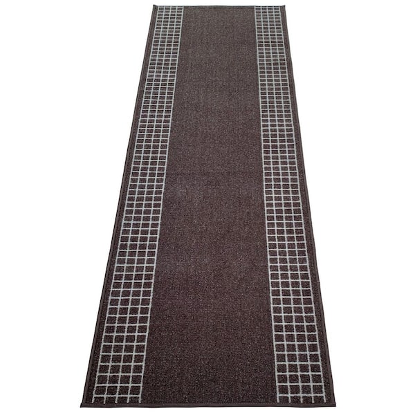 Checkered Border Brown 26 in. W x 16 ft. L Runner Rug/Stair Runner 35.2 sq. ft.