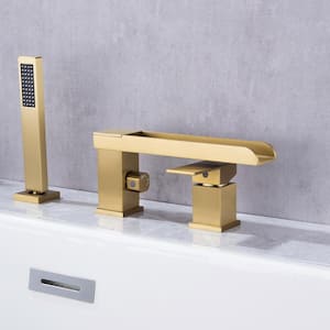 Single-Handle Roman Tub Faucet with Hand Shower 3-Hole Bathroom Waterfall Bathtub Faucet in Brushed Gold