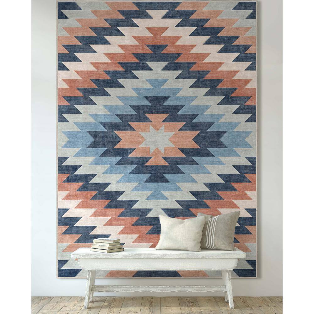 Blue and Orange Southwestern Chenille Area Rug 2'3" x 3'11"