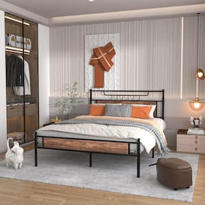 Queen Size Metal Platform Bed with Wood Headboard and Footboard, 60.24 in. W Non-Slip No Noise, Under Bed Storage, Brown