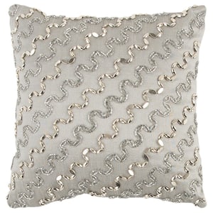 Silver Hand Beaded Cotton Poly Filled 12 in. x 12. Decorative Throw Pillow