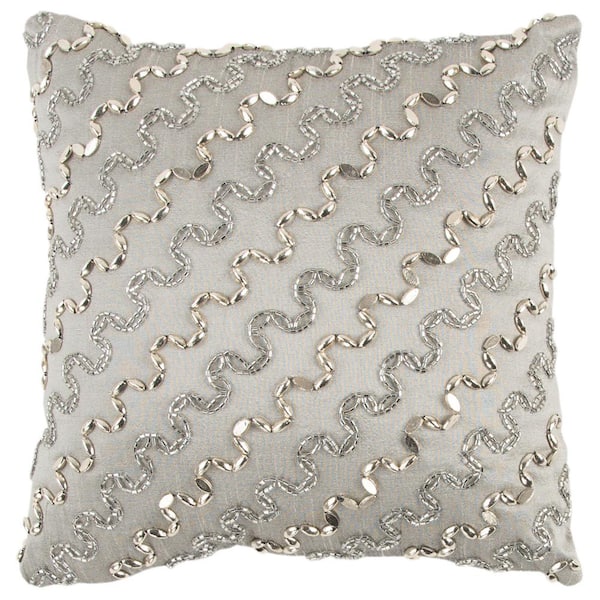 Silver Hand Beaded Cotton Poly Filled 12 in. x 12. Decorative Throw Pillow  HDWP13123GYSV1212 - The Home Depot