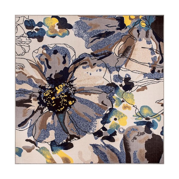 Contemporary Bright Flowers Non-Slip (Non-Skid) Cream 6 ft. 6 in.  x  in. 6 ft. 6 in.  Square Indoor Area Rug