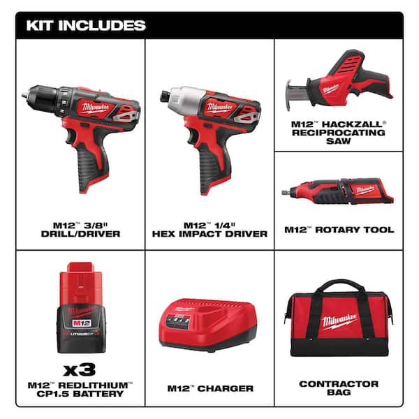 Milwaukee 2497-24 M12 12V Lithium-Ion Cordless Combo Tool Kit (4-Tool) with (3) 1.5Ah Batteries, (1) Charger, (1) Tool Bag - 2