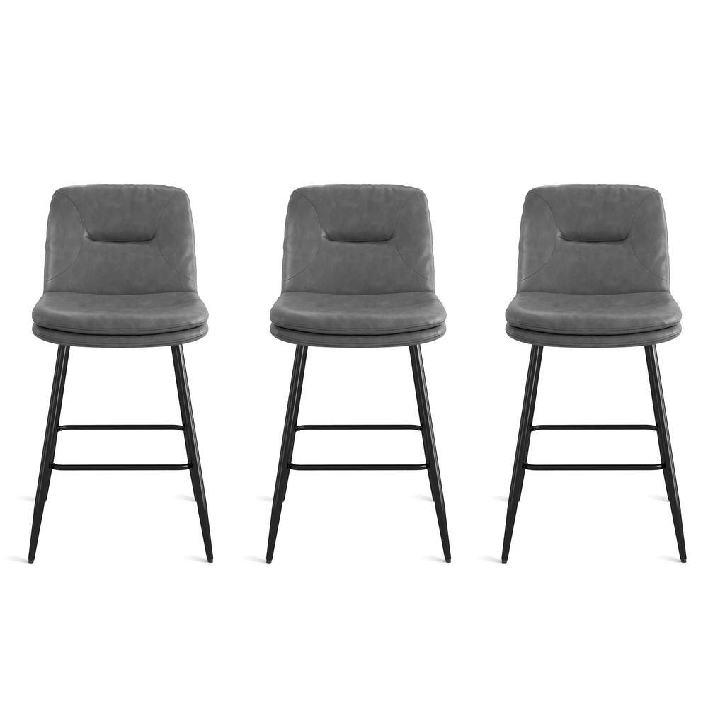 Gray Faux Leather Upholstered Counter Stools with Metal Frame, Set of 3