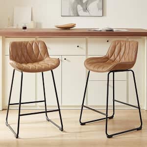 Modern 25.99 in Seat Height Light Brown Faux Leather Counter Stools with Metal Frame