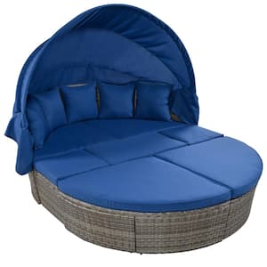 6-Piece Gray Wicker Outdoor Day Bed, Round Patio Sectional Sofa Set with Retractable Canopy and Blue Cushions