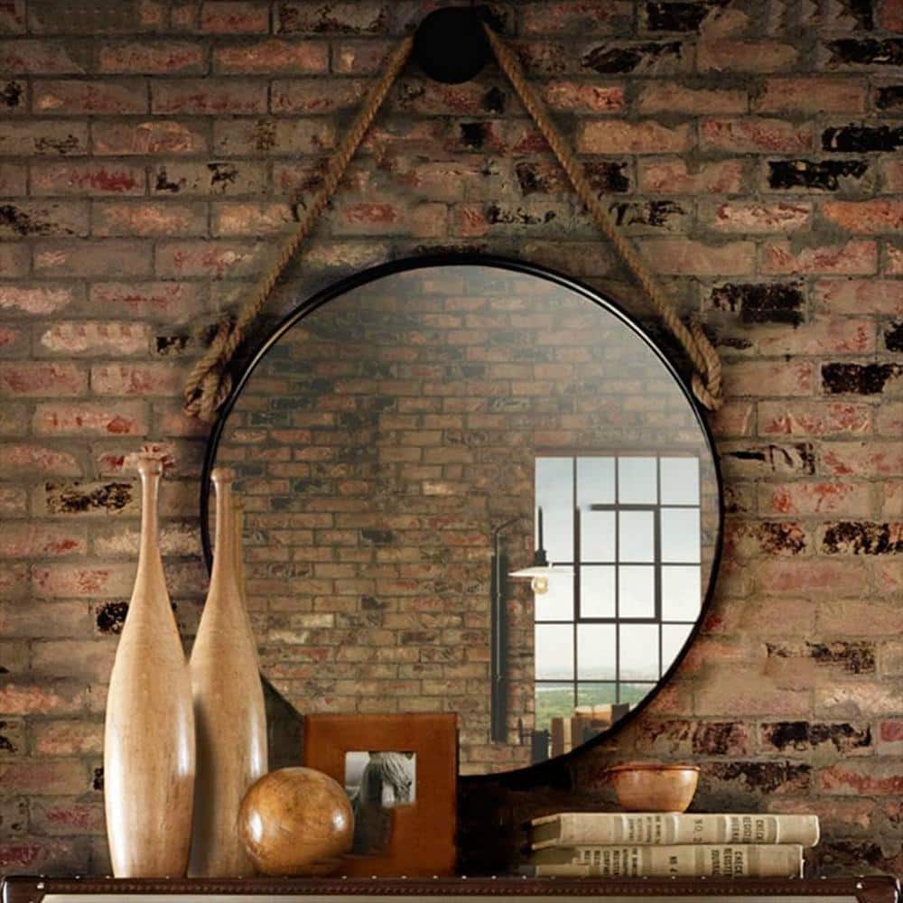 29.5 in. W x 29.5 in. H Round Black Iron Framed Wall Mirror with Rope Strap