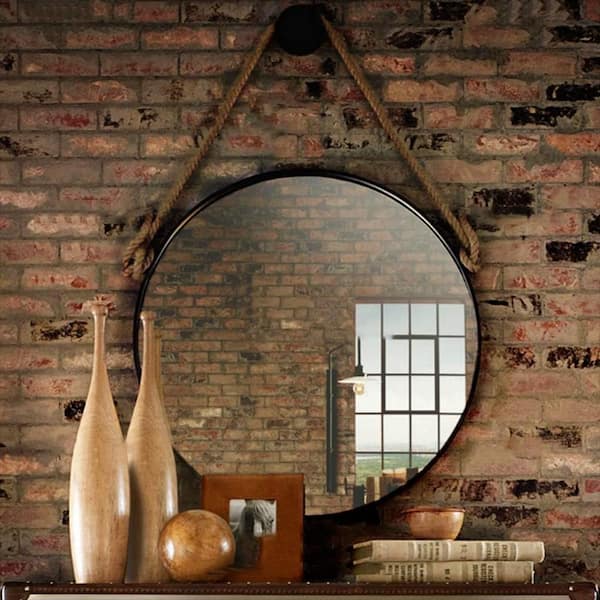 Unbranded 29.5 in. W x 29.5 in. H Round Black Iron Framed Wall Mirror with Rope Strap Contemporary for Bathroom, Bedroom
