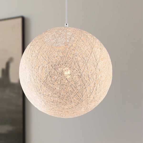 Entwined 60-Watt 1-Light White 16 in. Globe Pendant Light with White Rattan Shade and No Bulbs Included