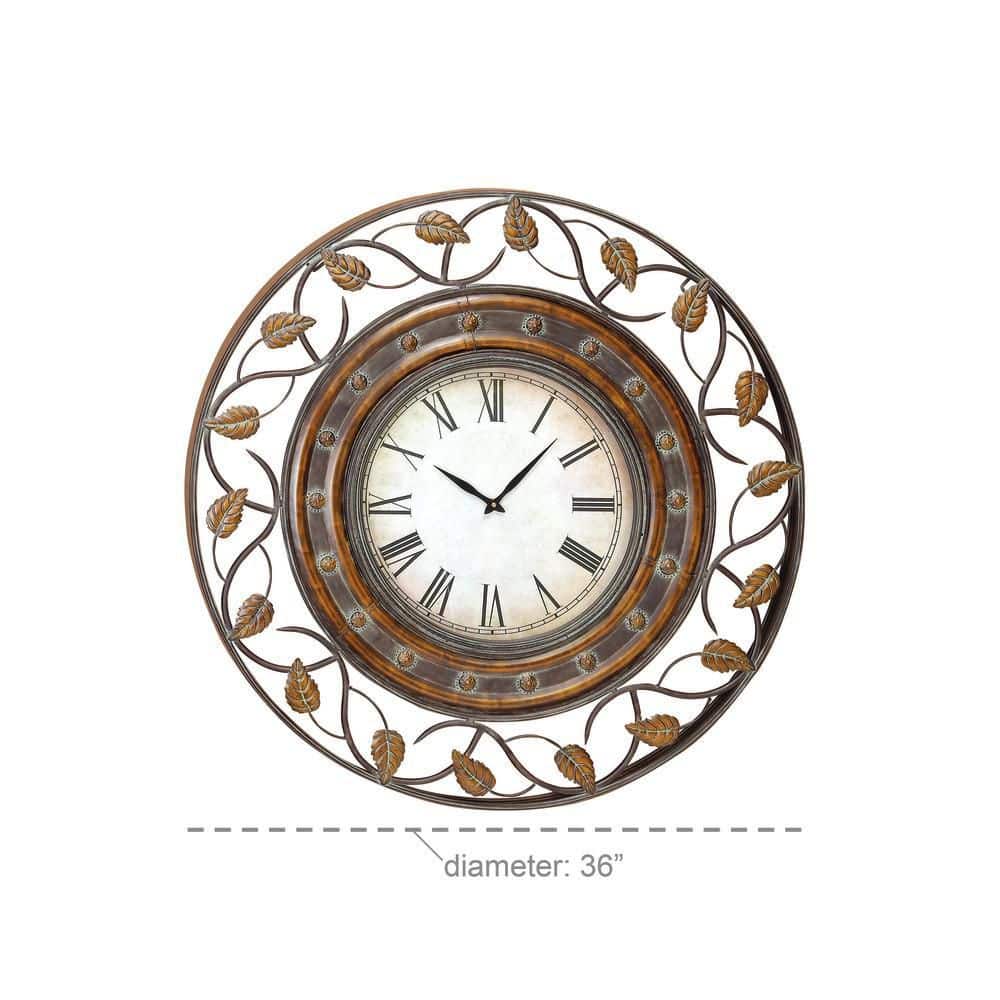 36'' Brown Metal Leaf Medallion Wall Clock with Scrolled Vines