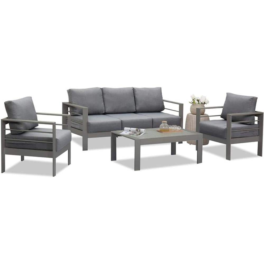 4-Piece Aluminum Patio Conversation Set with Gray Cushion with Table, Rust-