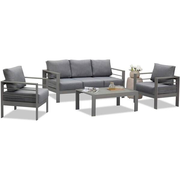 4Piece Aluminum Patio Conversation Set with Gray Cushion with Table