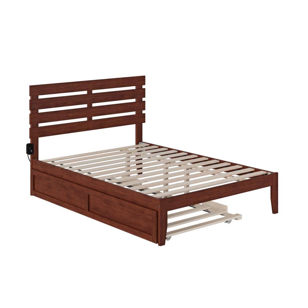 Walnut Full Wood Platform Bed with Trundle and USB Charger