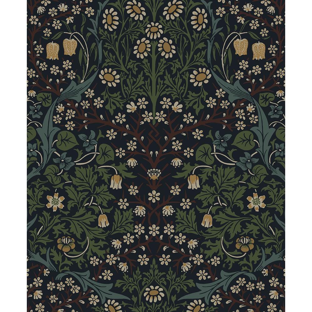 Midnight Blue & Evergreen Victorian Garden Floral Wallpaper